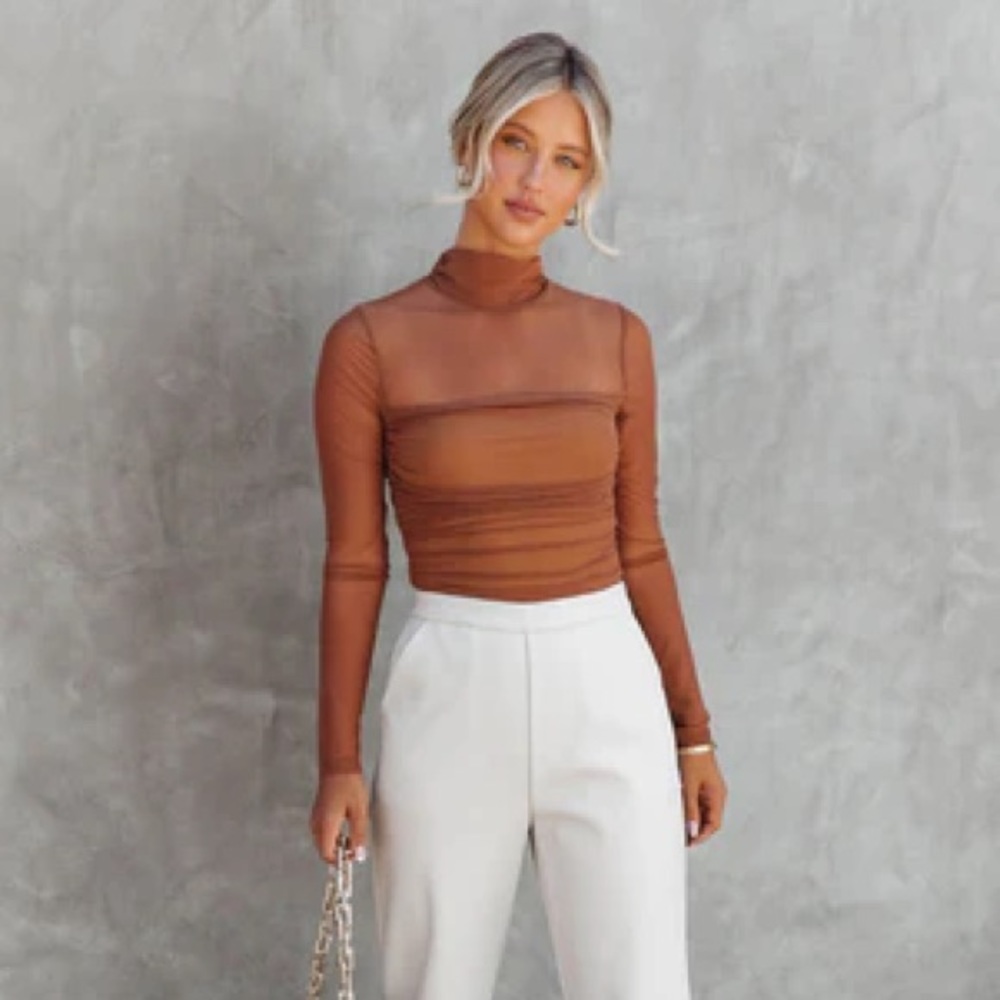 VICI / Skylar Rose Irresistible Me Mock Neck Sheer Ruched Bodysuit in Toffee XS